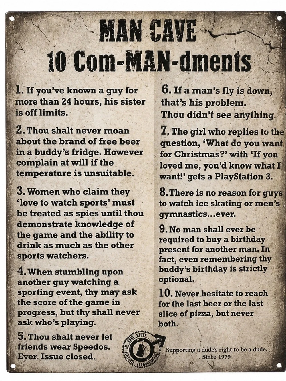NEW Man Cave Ten Commandments Metal Sign